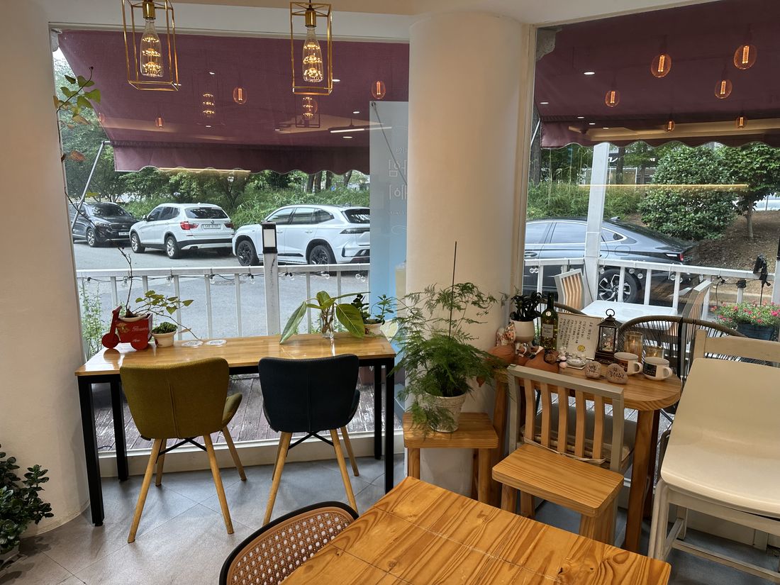 식물과 창밖 풍경이 어우러진 창가 좌석
